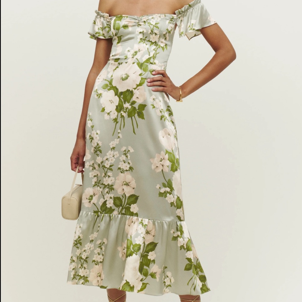 Reformation Floral Off-Shoulder Dress - Green and White